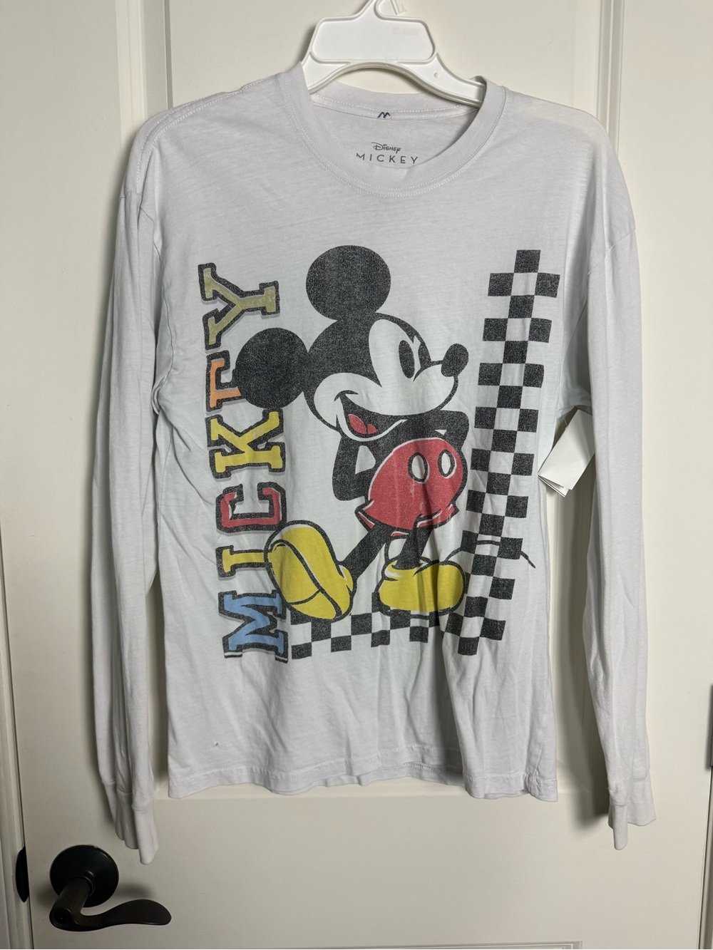 Disney White Long Sleeve Mickey Graphic Tee with Colorful Lettering